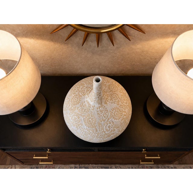 Late 20th Century Late 20th Century Textured Botanical Relief Ceramic Bottle Vase in Soft White & Sand — Organic Modern Statement Form For Sale - Image 5 of 8