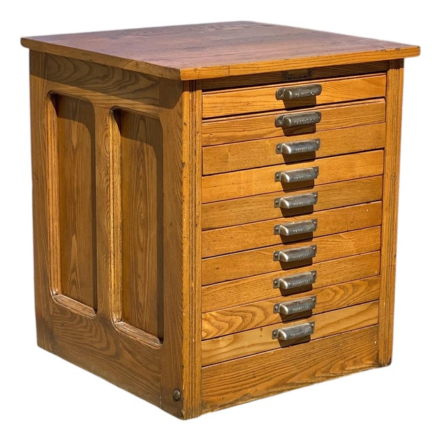 Antique Oak Hamilton Printers Cabinet / Flat File Map Cabinet With 10 Drawers For Sale