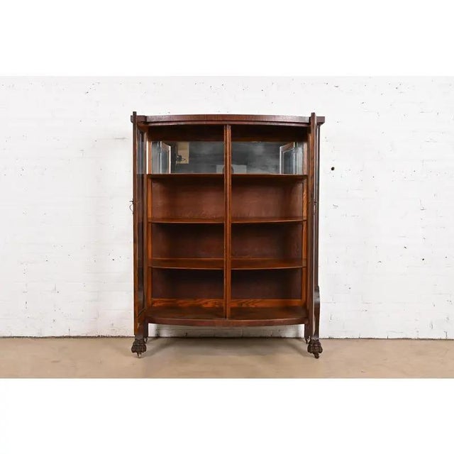 Late 19th Century R. J. Horner Style Antique American Empire Oak Bow Front Bookcase Cabinet With Lion's Paw Feet, Circa 1890 For Sale - Image 5 of 12