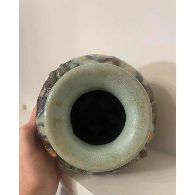 Antique Abstract Asian Raku Ceramic Pottery Vase in Celadon, Camel, Chocolate Brown For Sale - Image 11 of 12