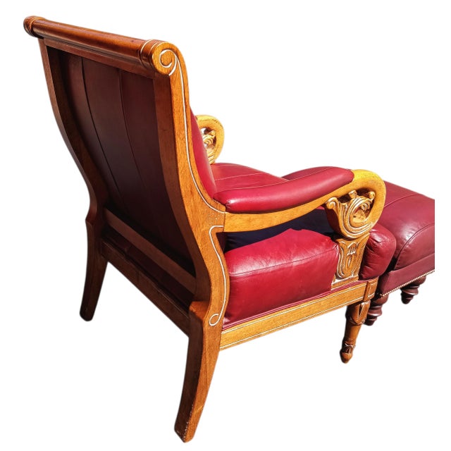 Victorian Empire and William IV Periods Inspired Vintage Red Leather Armchair & Ottoman For Sale - Image 3 of 12