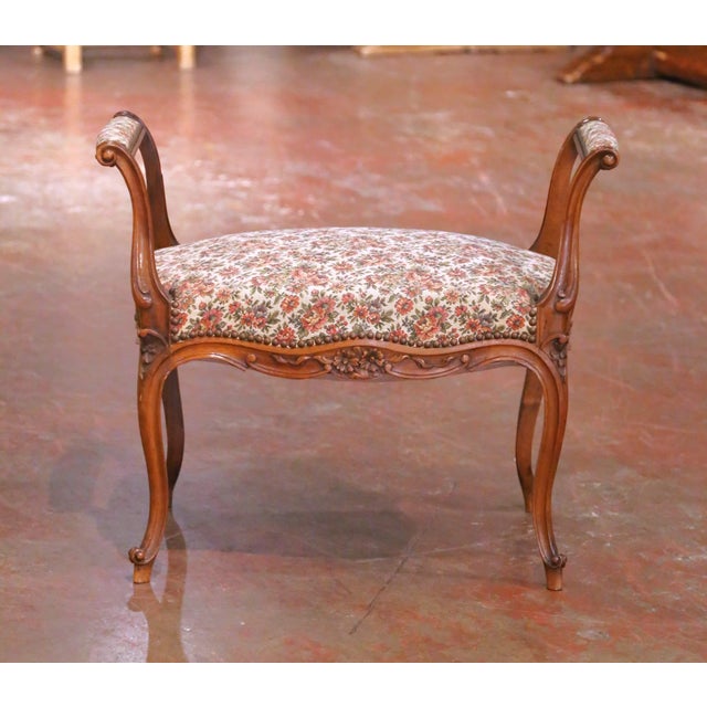 French Mid-Century French Louis XV Style Carved Walnut and Upholstered Piano Bench For Sale - Image 3 of 12