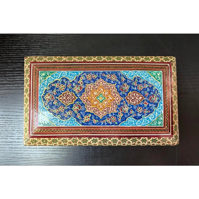 This exquisite vintage Persian jewelry box showcases masterfully detailed geometric micro-inlay star patterns along its...
