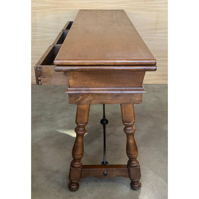 Early 20th Century Spanish Fold Out Console Table with Iron Stretcher & 3 Drawer For Sale In Miami - Image 6 of 18