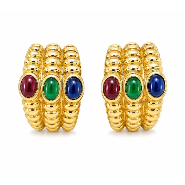 Mid 20th Century 14k Yellow Gold Cabochon Ruby Emerald Sapphire Clip Earrings, Pair For Sale - Image 4 of 4