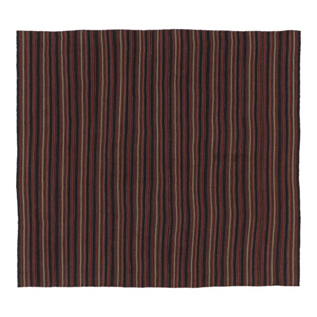 Vintage Persian Kilim, Square Rug With Brick and Navy Blue Stripes - Rug & Kilim For Sale