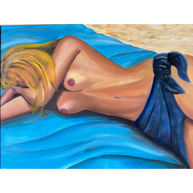 Blue 1990's Vintage Reclining Nude Woman Oil on Canvas Painting by Virginia Ausa For Sale - Image 8 of 12