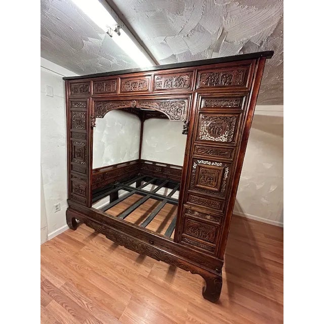 Wood Antique Chinese Traditional Qing Dynasty Hand Carved Bed All Original Pieces For Sale - Image 7 of 12