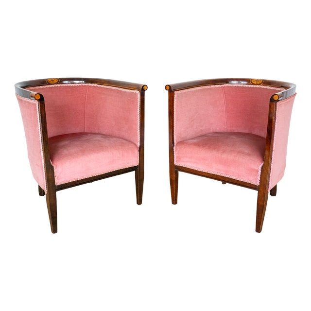 Antique Art Nouveau Edwardian Barrel Back Tub Armchairs in Mahogany and Pink Upholstery, 1910, Set of 2 For Sale