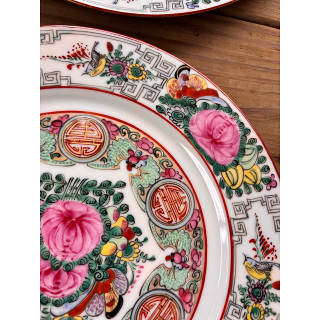 Vintage Chinese Famille Rose Canton Porcelain Dinner Plates For Sale - Image 10 of 12