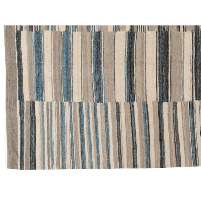 Modern Flat-Weave Kilim Wool Rug With Abstract Design in Beige and Blue For Sale - Image 4 of 10