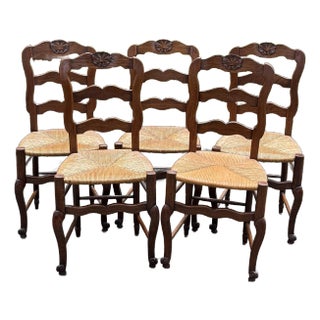 Antique Turn of the Century French Country Oak Dining Chairs - Set of 5 For Sale