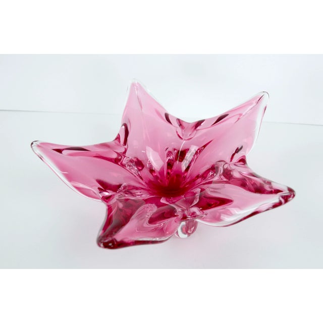Josef Hospodka Chribska Glassworks, Czech Pink Star Flower Footed Glass Dish For Sale - Image 4 of 9