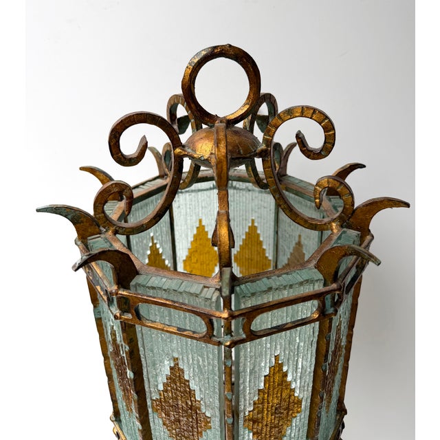 Large Hammered Glass Wrought Iron Lantern Lamp by Longobard, Italy, 1970s For Sale - Image 10 of 13