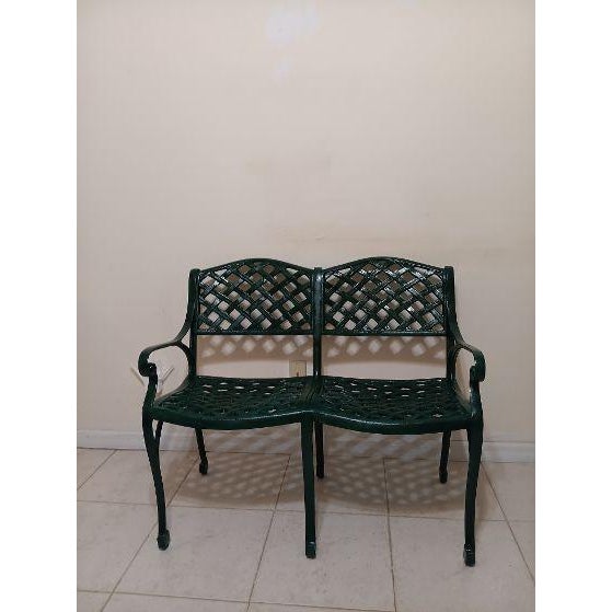 Vintage Cast Iron Patio Bench Lattice Design Green Mid Century Modern For Sale - Image 11 of 14