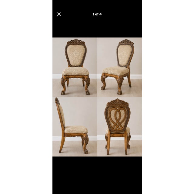 Vintage Set of 4 Carved French Louis XV Style Dining Chairs With Claw Feet & Damask Upholstery For Sale - Image 4 of 4