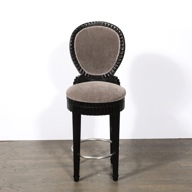Art Deco Art Deco Style Scalloped & Fluted Detailed Ebonized Walnut Swiveling Barstools For Sale - Image 3 of 18