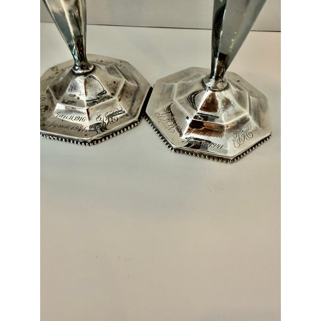 Pair of Unweighted Antique Woodside Sterling Co. Hexagonal Candlesticks .925 For Sale - Image 6 of 11