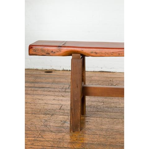 Mingei Style Rustic A-Frame Wooden Bench Made of Railroad Ties with Stretcher For Sale In New York - Image 6 of 12
