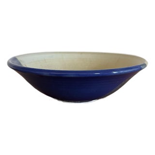 Handcrafted Signed Studio Pottery Bowl With Cobalt Blue Interior Rustic Minimalist For Sale