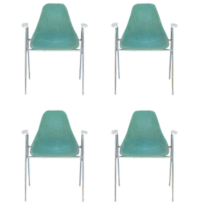 1950s Vintage Turquoise Fiberglass Armchairs on Chrome Bases - Set of 4