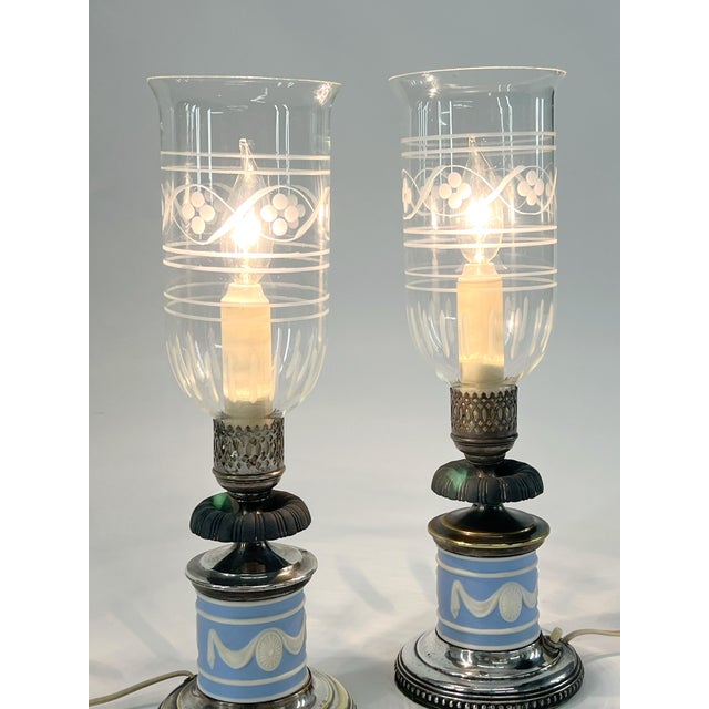 Blue Pair of Vintage Sister Jasperware Candlestick Lamps, Attributed to Wedgwood For Sale - Image 8 of 12