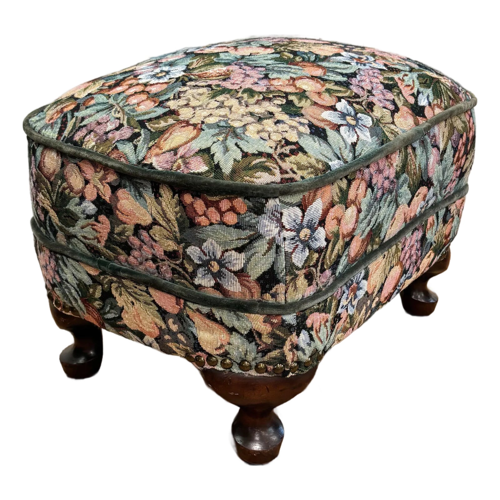 Mid 20th Century Queen Anne Style Upholstered Footstool | Chairish
