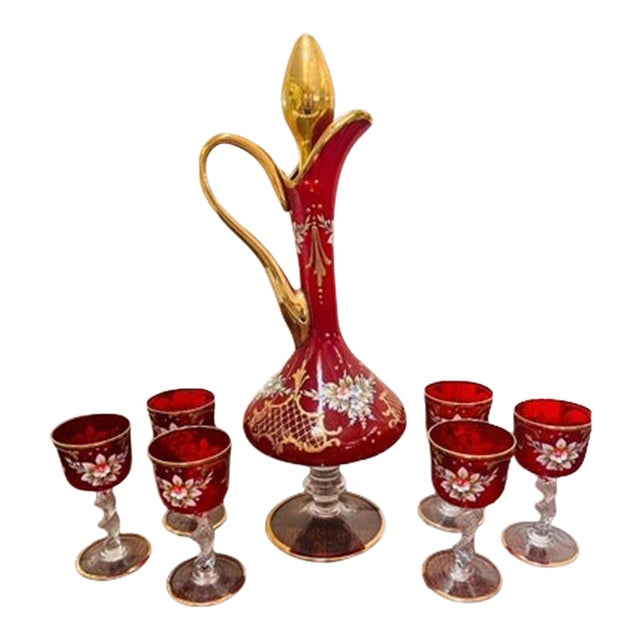 1950s Red Glass Decanter Set Hand Enameled Pitcher 6 Glasses Italy Art Glass Gold Trim For Sale