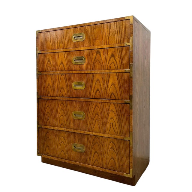 Dixie Vintage Campaign Style Five Drawer Dresser by Dixie With Brass-Toned Hardware and Dovetailed Drawers For Sale - Image 4 of 11