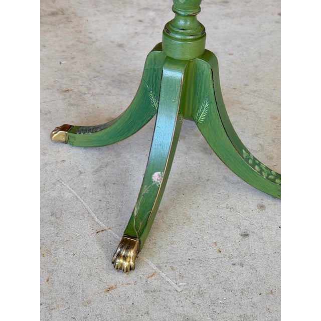 Wood Antique Tripod Pedestal Table With Botanical Décor Finish and Brass Feet For Sale - Image 7 of 11