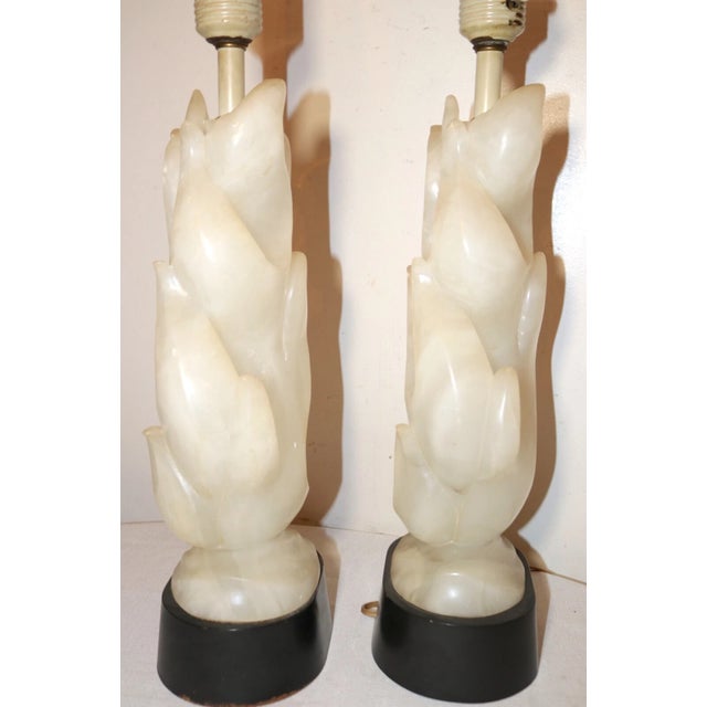 Alabaster Share Large Pair of Antique Hand Carved Alabaster Stone Wood Flame Fire Table Lamps For Sale - Image 8 of 12