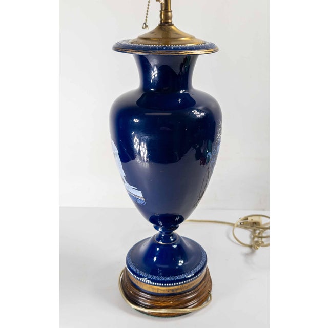 Metal 19th Century French or Bohemian Cobalt Blue Opaline Glass Lamp Vase With Neo-Classical Scene For Sale - Image 7 of 12