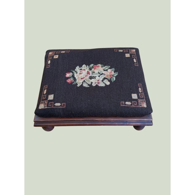 Victorian Antique Victorian Embroidered Mahogany Footstool For Sale - Image 3 of 10