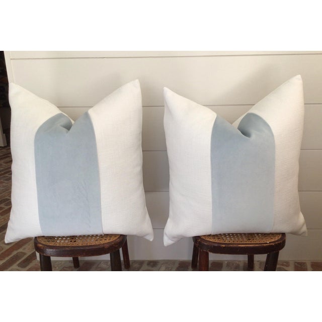 Art Deco Custom Classic With Baby Blue Velvet Panel Down-Filled Lumbar Pillow 12" x 20" - Single For Sale - Image 3 of 3