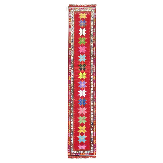 A funky colorful mid-20th century one of a kind Turkish runner woven in central Turkey. The weaver included longer fringes...