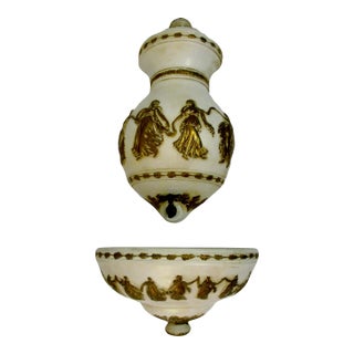 Vintage Roman Decorative Lavabo White With Gold Dancers and Oak Leaves Pottery - 2 Pieces For Sale