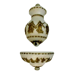 Vintage Roman Decorative Lavabo White With Gold Dancers and Oak Leaves Pottery - 2 Pieces