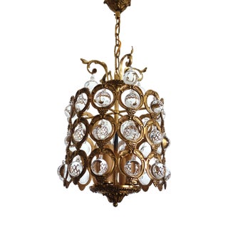 Antique French Brass and Crystal Ball 4-Light Chandelier, 1930s For Sale