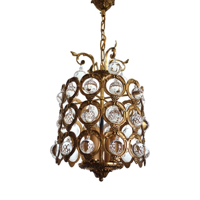 Antique French Brass and Crystal Ball 4-Light Chandelier, 1930s For Sale