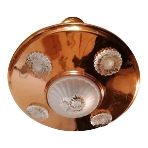 1930's French Art Deco Copper & Art Glass Sunflower Form Ceiling Flush Mount/ Plafonnier/ Pendant Chandelier T