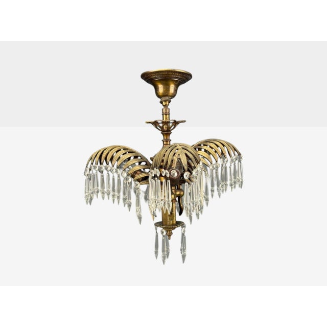 Maison Jansen Style, Hollywood Regency, Palm Leaf Chandelier, Gilt Bronze, Crystal, France, 1940s Palm Leaf Chandelier in...