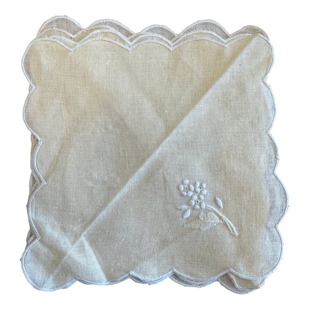 Linen Embroidered Cocktail Napkin, S/9 For Sale