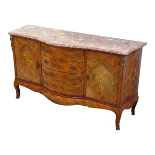 Late 20th Century Marble Top French Louis XV Style Bronze Mounted Marquetry Sideboard Buffet For Sale