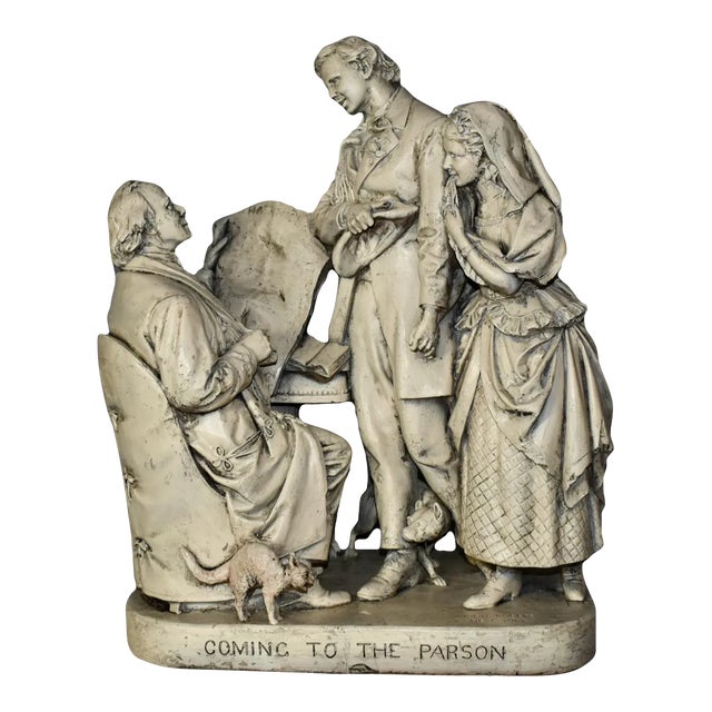 John Rogers Plaster Statue Sculpture Antique Coming to the Parson Patented 1870 For Sale