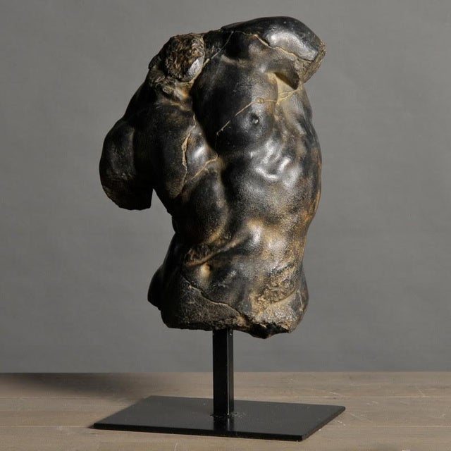 Unknown, Black Apollo Torso Sculpture, Resin and Metal Base For Sale - Image 4 of 5