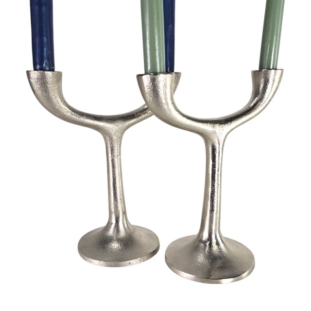 Crate & Barrel Danish Modern Candelabras in Silver Minimalist, Brutalist 9.5" For Sale - Image 4 of 11