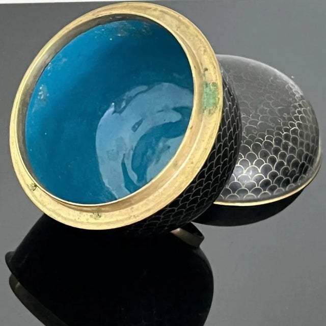 Black Vintage Cloisonné Lidded Box in Acorn Form – Black & Gold With Turquoise Enamel Interior For Sale - Image 8 of 12