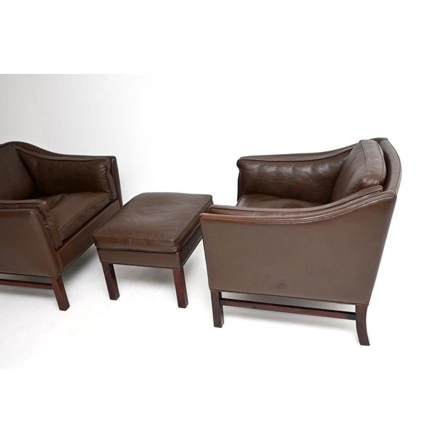 Brown Vintage Danish Leather Armchairs and Ottoman by Georg Thams for Grant Mobelfabrik, 1960s, Set of 3 For Sale - Image 8 of 12