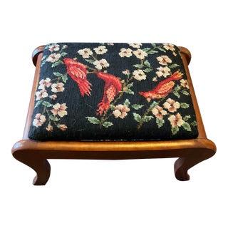 1940's Footstool With Beautiful Needlepoint Top For Sale