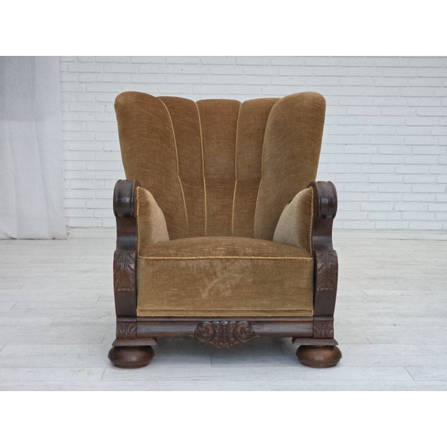 Danish Chair in Green Velour and Carved Oak, 1950s For Sale - Image 9 of 18
